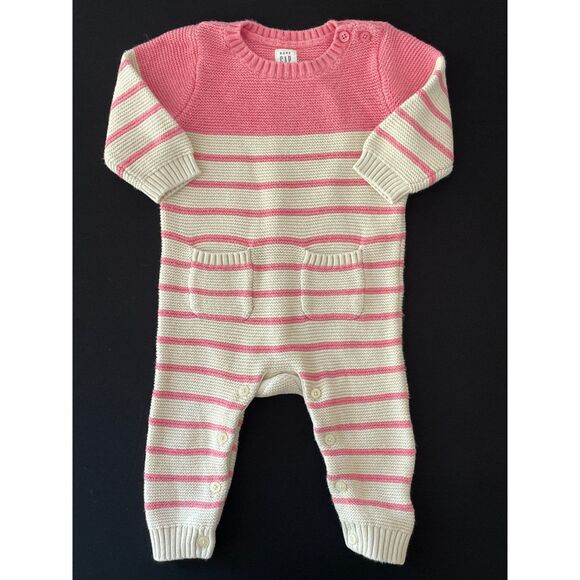 ~ BabGap 3-6 mo 1-piece Sweater Knit Romper Pink Cream Long Pockets 100% Cotton - Picture 1 of 11
